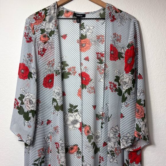 TORRID WOMEN PLUS SIZE FLORAL BLUE PRINT KIMONO CARDIGAN TOP SIZE 1/2 - Picture 5 of 5